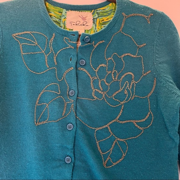 Anthropologie Embellished Floral Cardigan cottage-core quiet-luxury artsy-chic - Picture 2 of 4